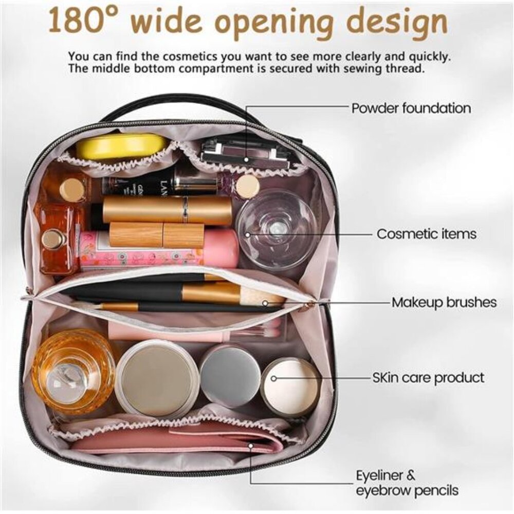 Large Capacity Travel Cosmetic Bag Portable Makeup Bag, PU Leather Waterproof - Picture 2 of 7